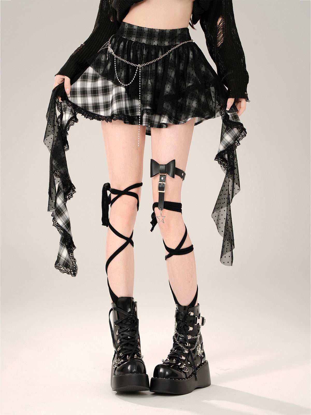 Irregular Tulle Tutu Skirt  Womens Summer Black Plaid & Polka Dot Mesh Skirt