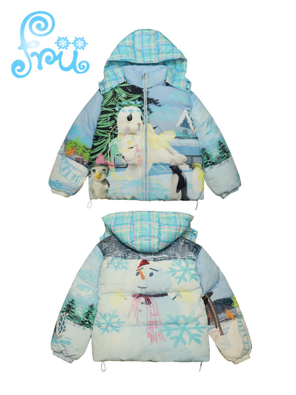 Snow Farm Winter Blue Snowman Print 90 White Duck Down Warm Down Jacket