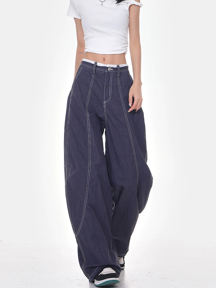 Women's Summer High-Waisted Wide-Leg Slacks  Scimitar Silhouette, Topstitched Banana Pants