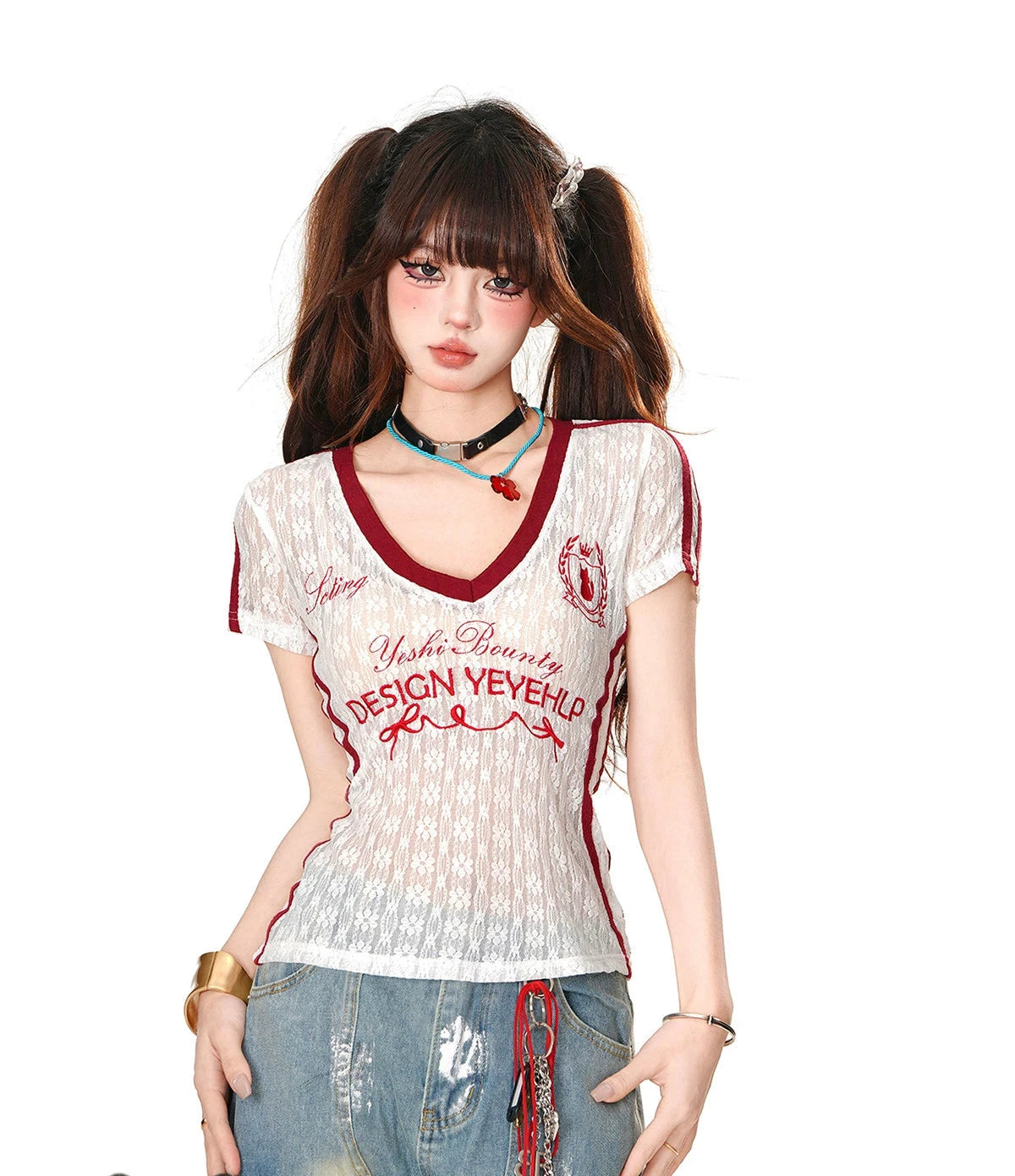 Sheer Lace V-Neck Slim T-Shirt