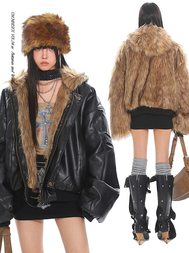 Reversible Fur Hooded Thick Leather Jacket