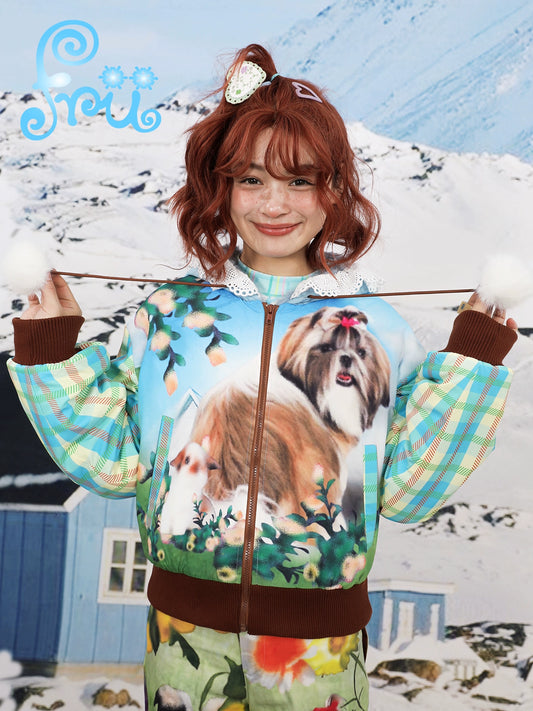 Snow Farm Original Cute Puppy Print Versatile Cropped Cotton Jacket Winter Girl