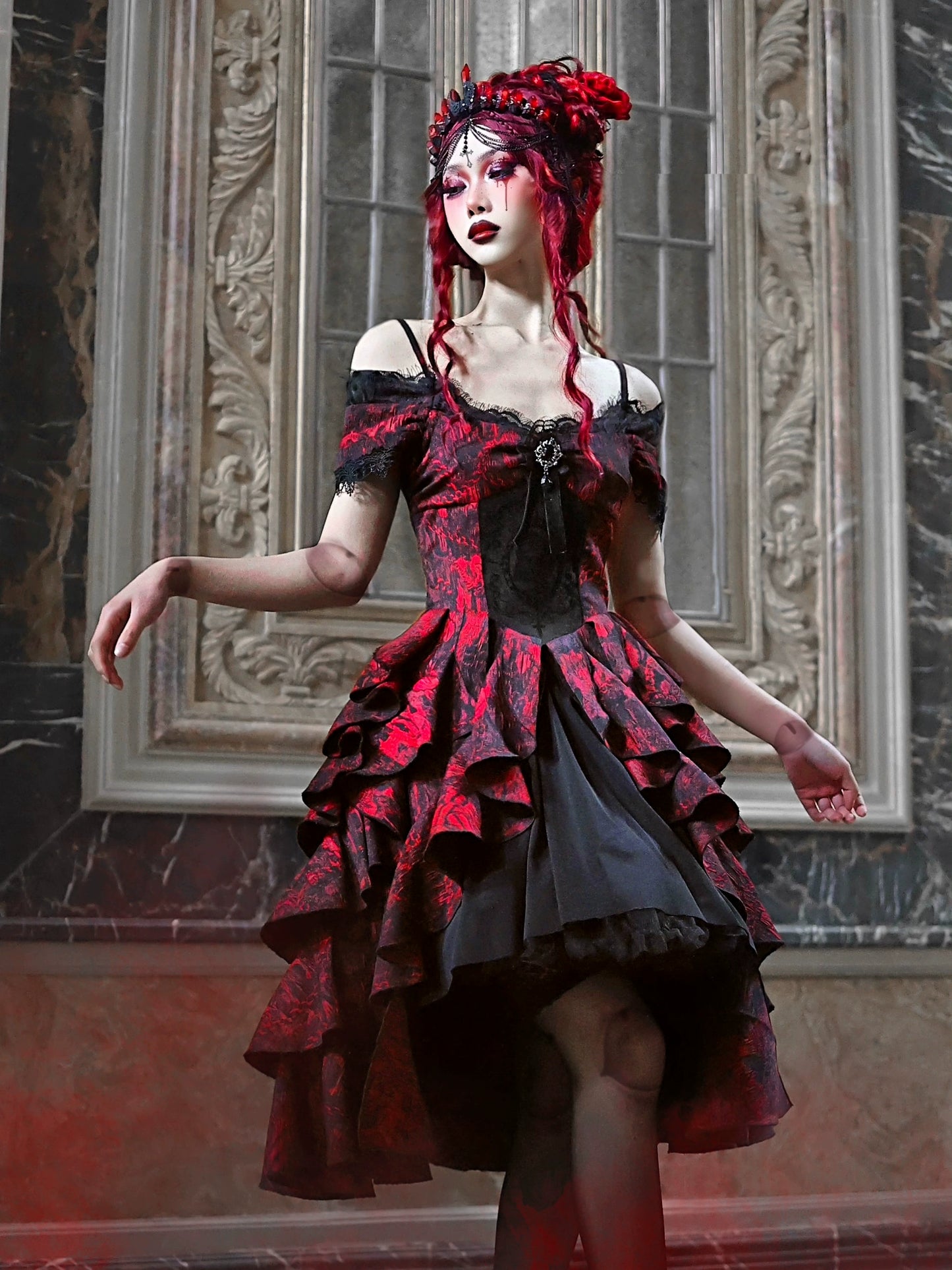 Hades Feast Gothic Halloween Black and Red Jacquard One-Shoulder Court Wave Dress