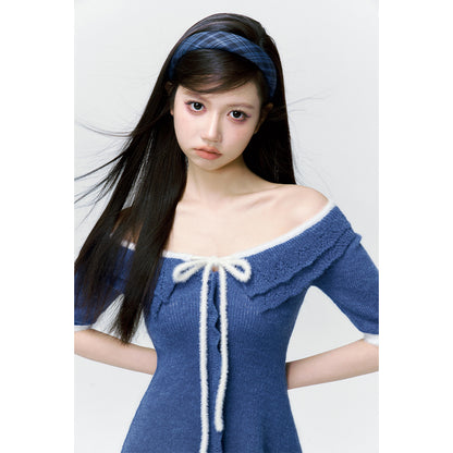 Vintage small lapel gentle pure off-the-shoulder blue knit dress