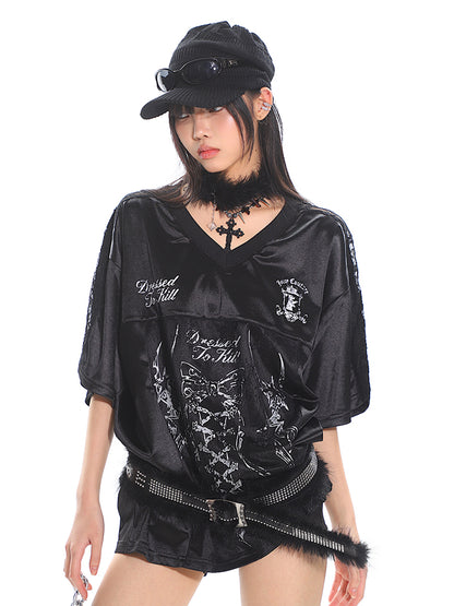 Women's Lace Print Panel Satin Short Sleeve T-Shirt