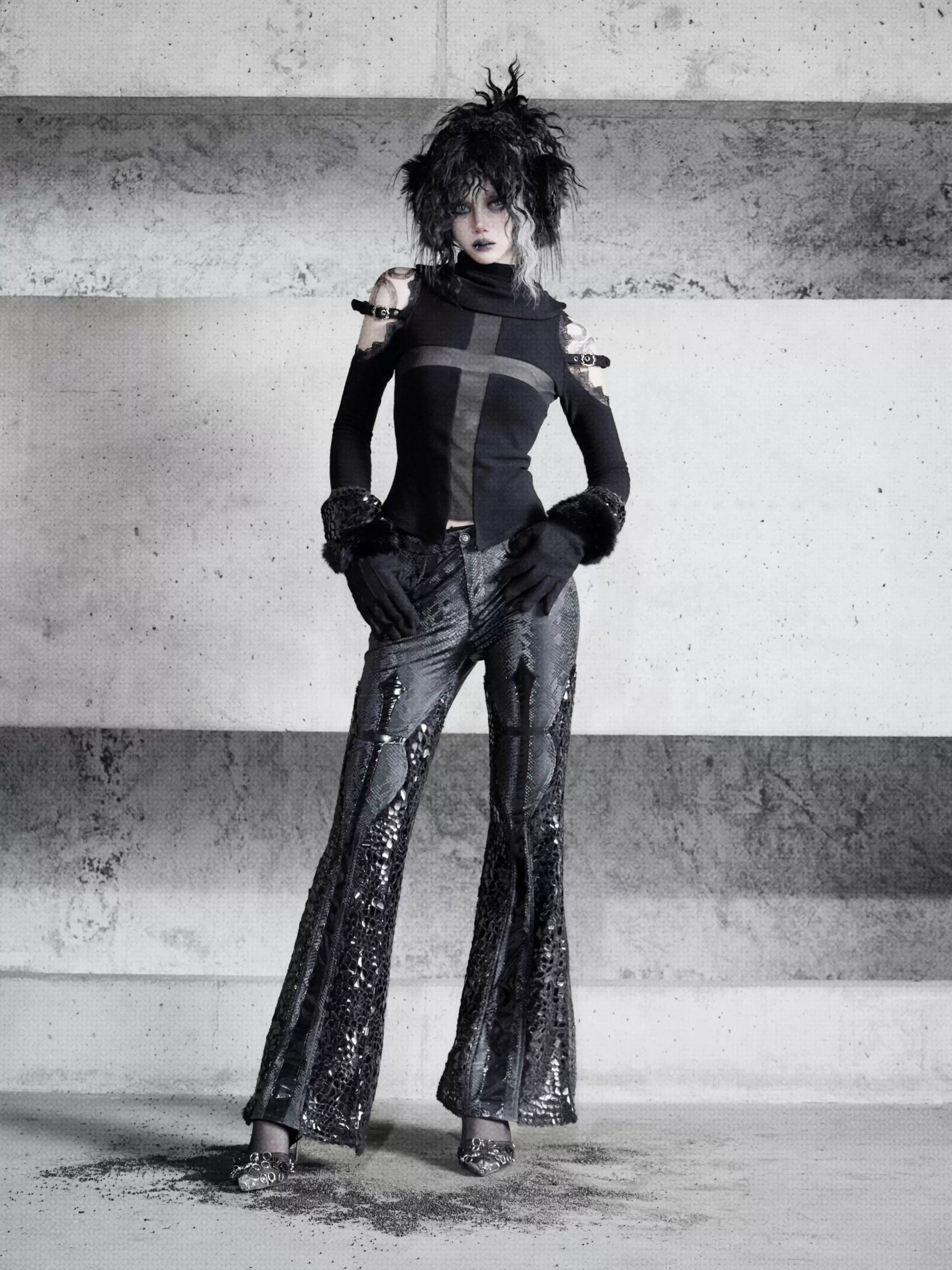 Shadow of the Snake Pupil Patent leather gothic slim thickened low-waisted thin flared trousers