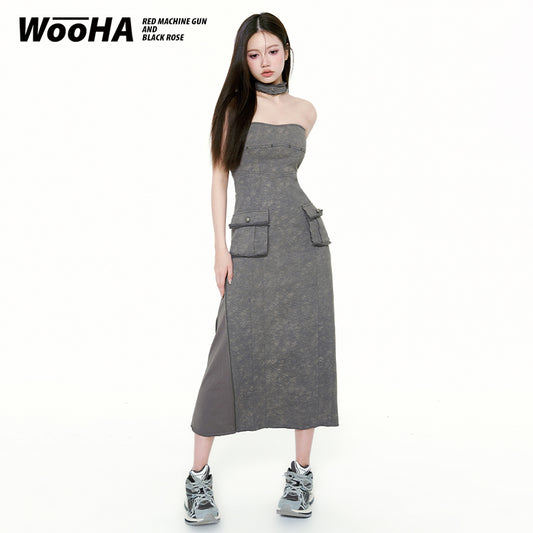 Halterneck Dress Women's Retro Elegant Women's Group Style Bandeau Cargo Dress