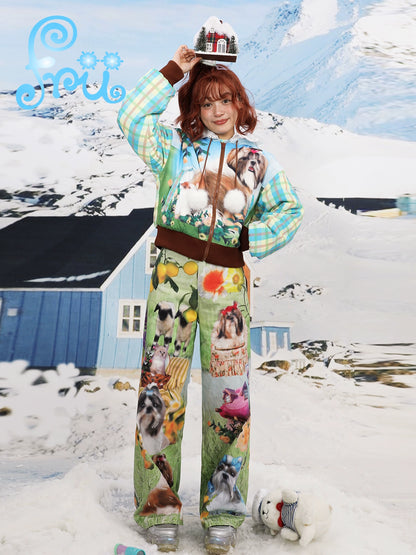 Snow Farm Original Cute Puppy Print Versatile Cropped Cotton Jacket Winter Girl