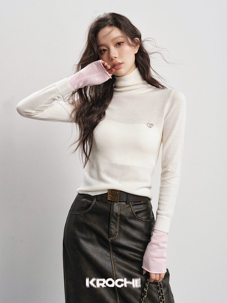 cuffs color-blocked crewneck wool knit base layer top, slim top, women's new spring and autumn underwear