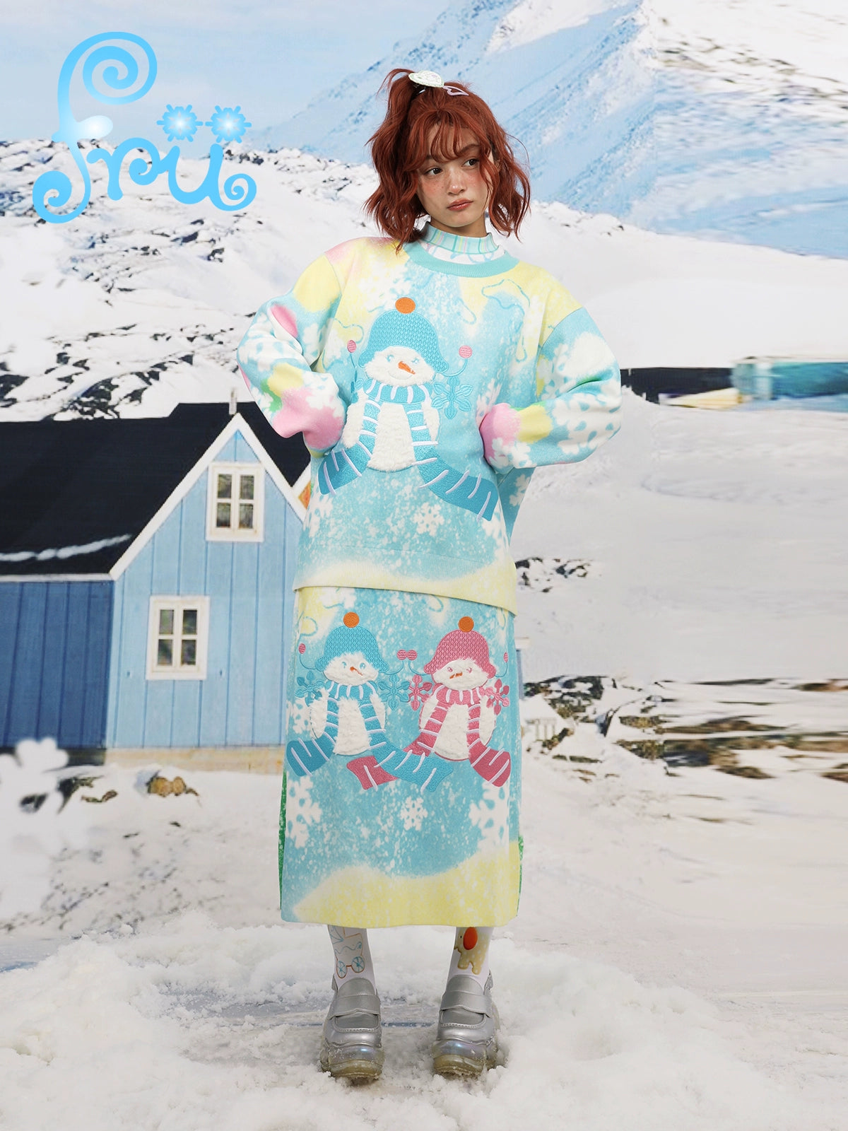 frufru Gollum shop Winter woolen knit snowman cute blue loose A-line skirt skirt