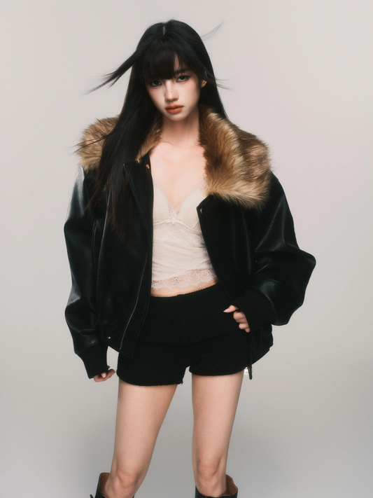 Fur Collar, Retro Bike, Black Thickened Pu Leather Jacket