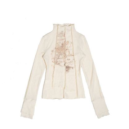 High-Neck Vintage Knit Long-Sleeve Top for Women