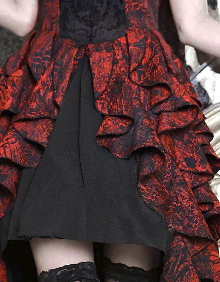 Women's Gothic Black and Red Jacquard One-Shoulder Ruffled Court Dress