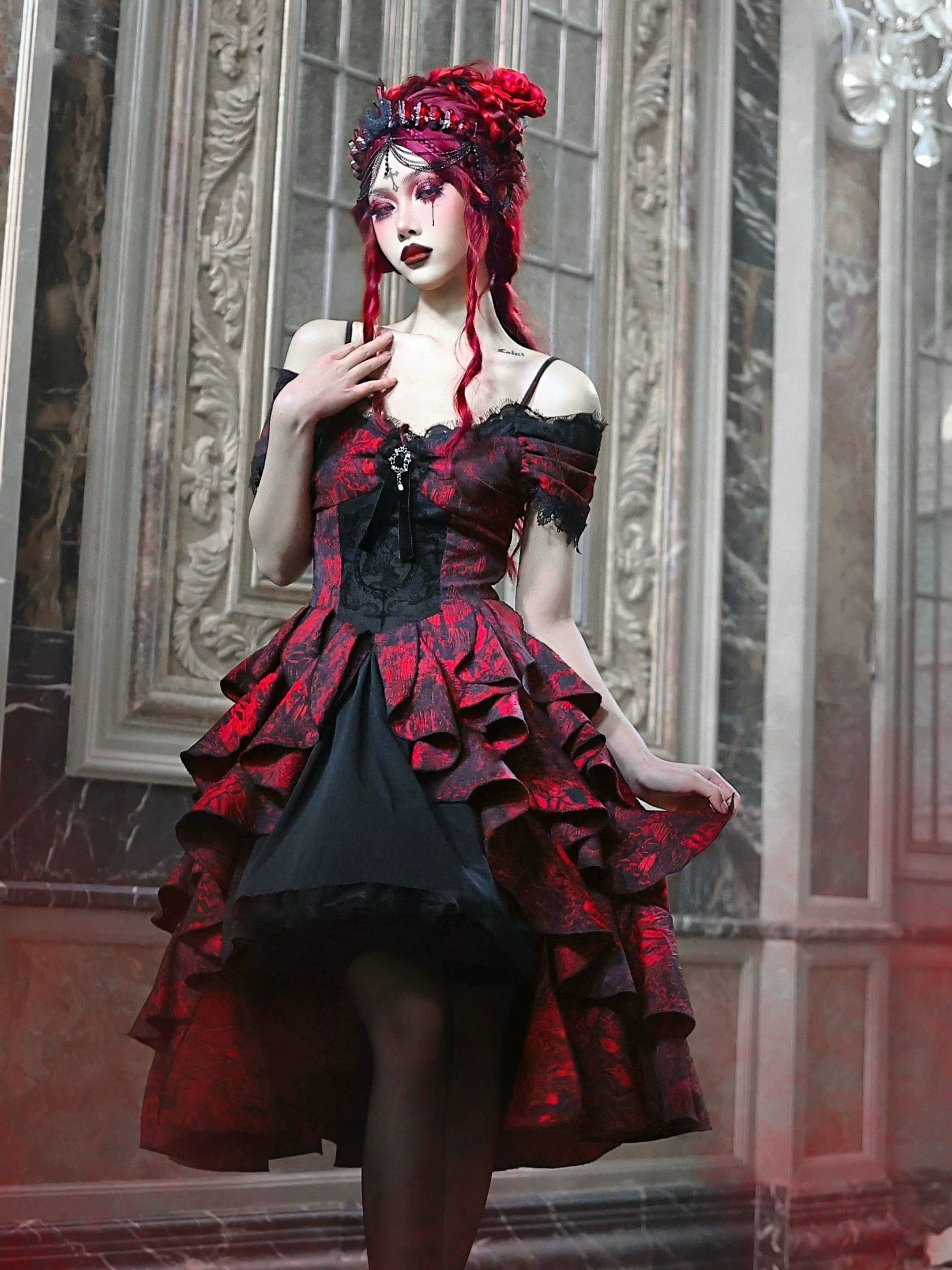 Women's Gothic Black and Red Jacquard One-Shoulder Ruffled Court Dress