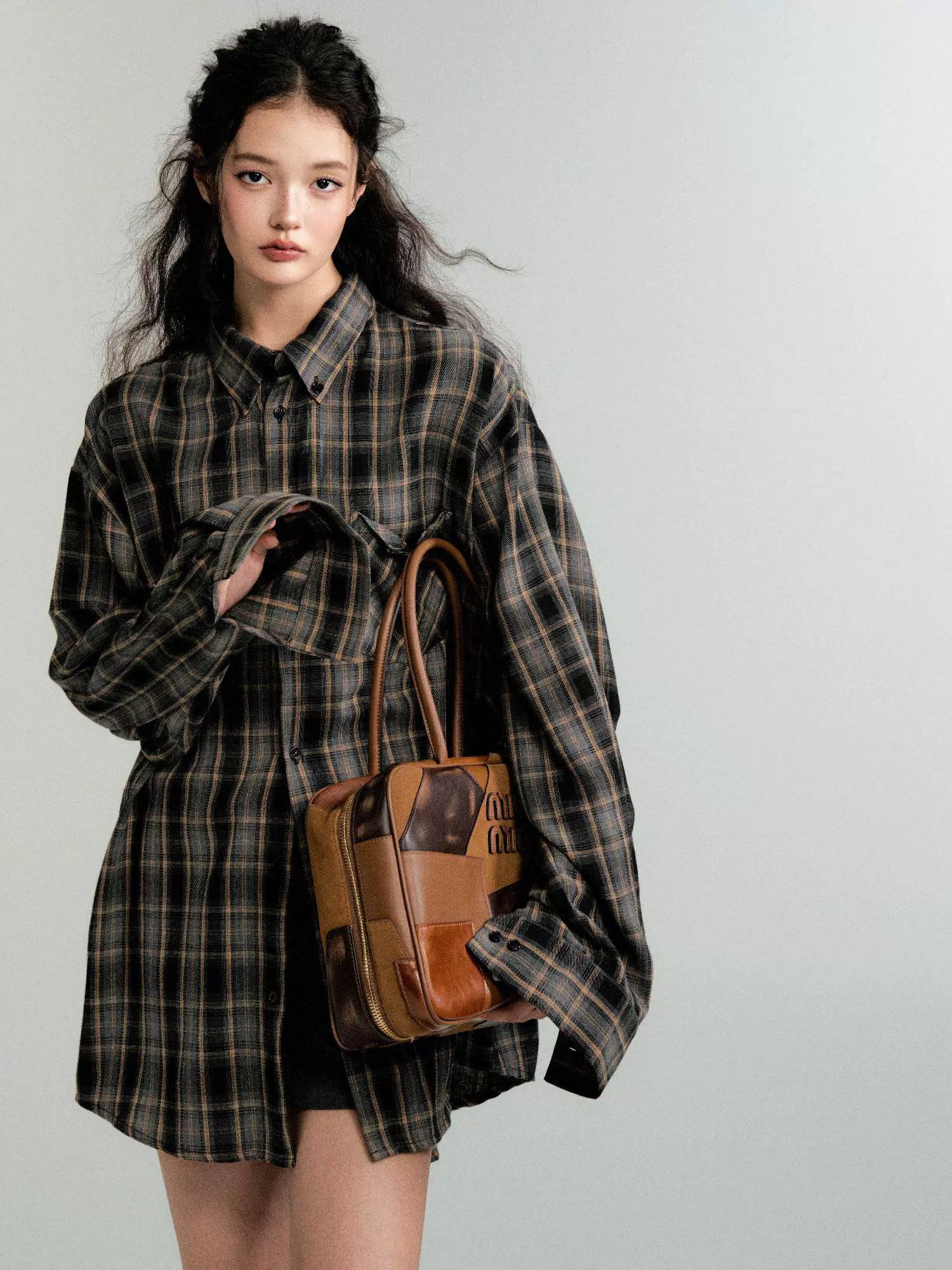 Women's Color-Block Check Retro Loose Long-Sleeved Shirt Jacket