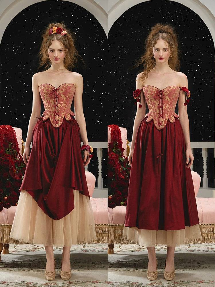 Renaissance Vintage Red Herringbone Corset Engagement Gown