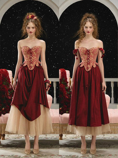 Renaissance Vintage Red Herringbone Corset Engagement Gown