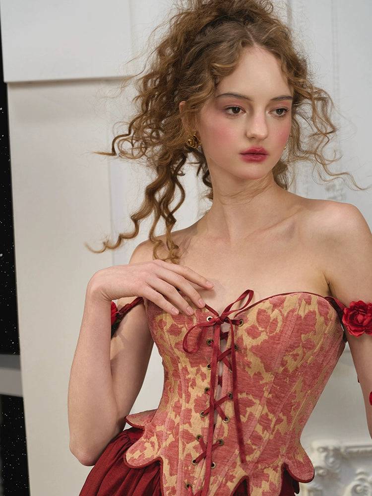 Renaissance Vintage Red Herringbone Corset Engagement Gown