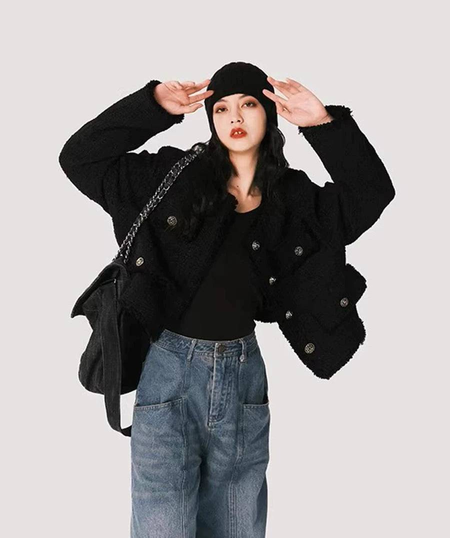 Women's French Retro Distressed Black Tweed Metal Buckle Jacket