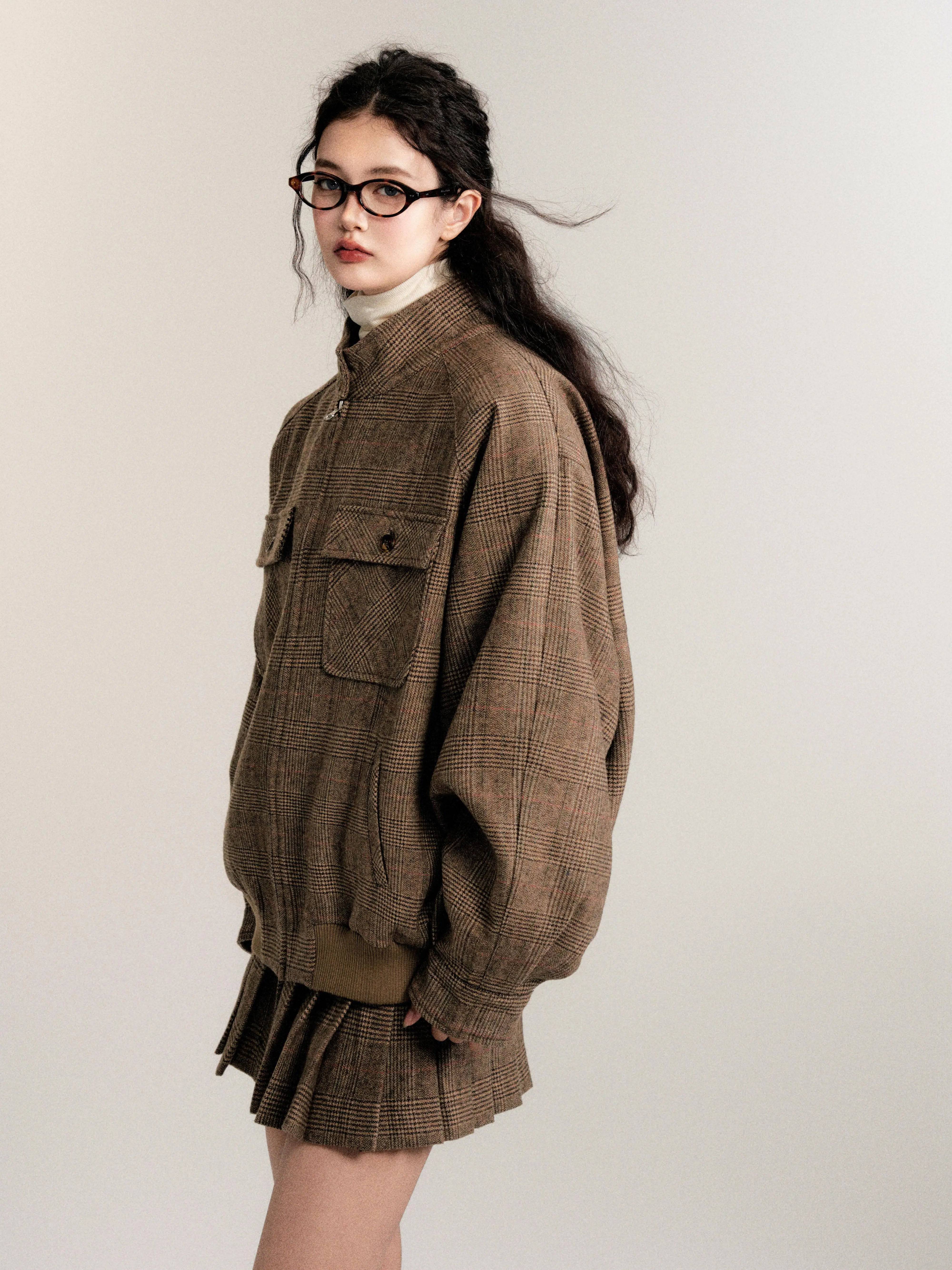 Women's Retro Preppy Casual Wool Jacket Skirt Set