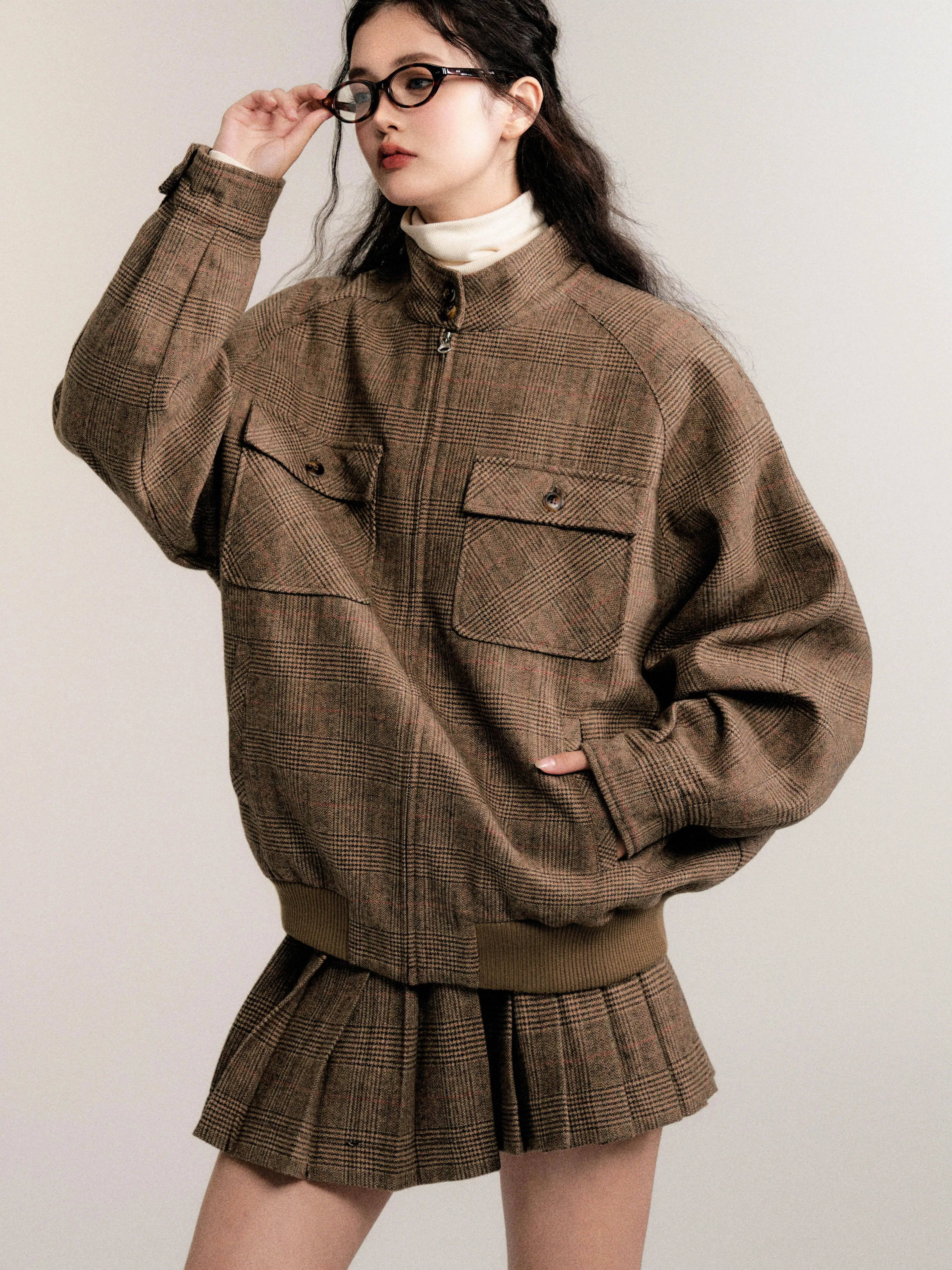 Women's Retro Preppy Casual Wool Jacket Skirt Set