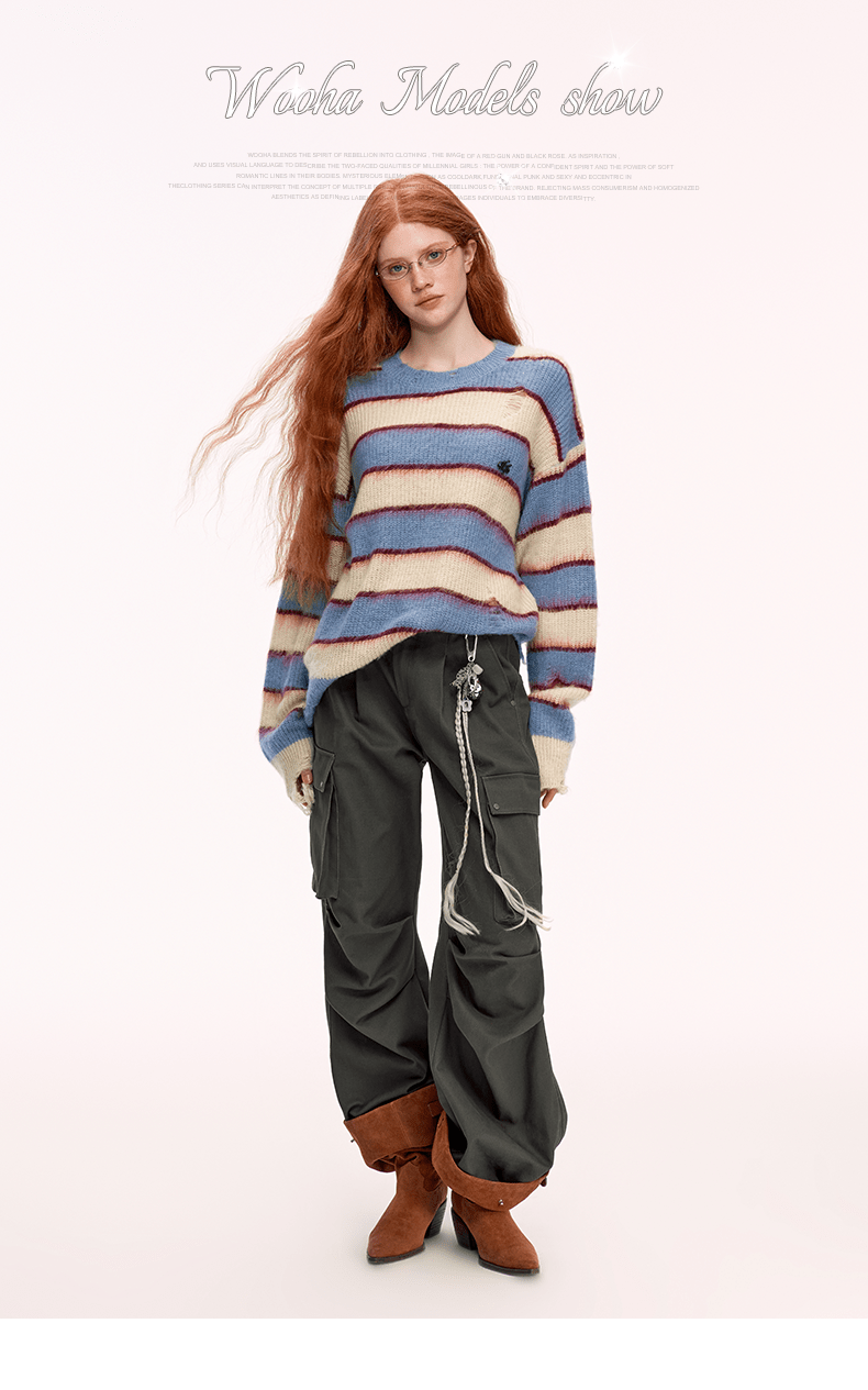 Women's Vintage Horizontal Striped Ripped Oversized Acrylic Sweater