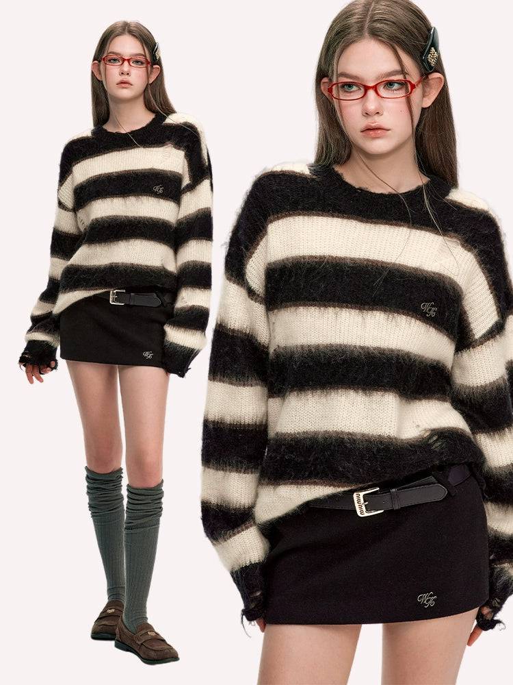 Women's Vintage Horizontal Striped Ripped Oversized Acrylic Sweater