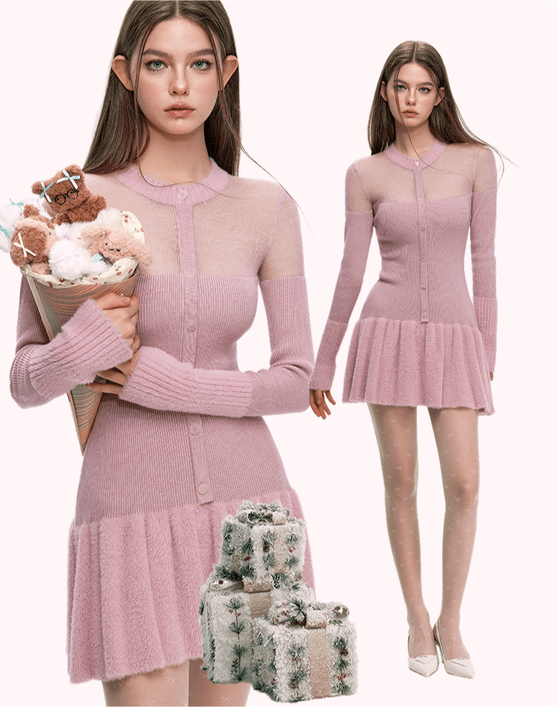 Women's Wool Contrast Stitching Slim Short Dress