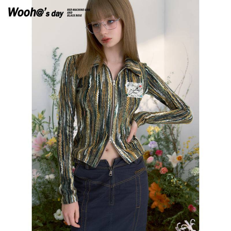 Women's Vintage Floral Print Zip Cable Knit Cardigan (Beige)