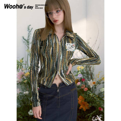 Women's Vintage Floral Print Zip Cable Knit Cardigan (Beige)