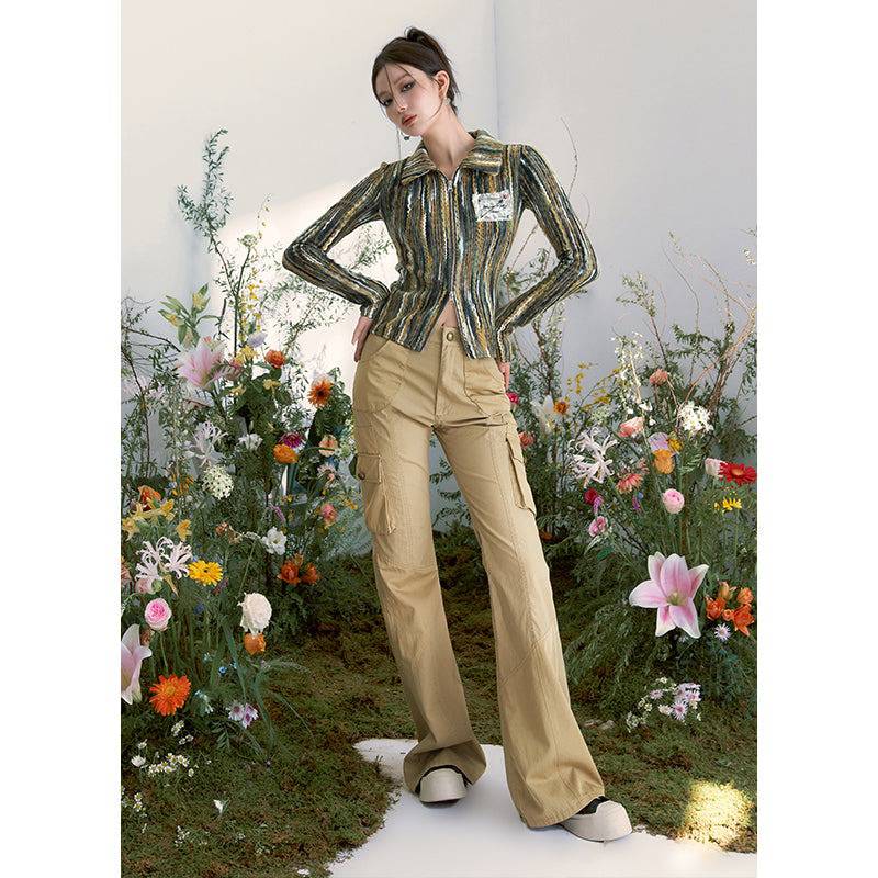 Women's Vintage Floral Print Zip Cable Knit Cardigan (Beige)